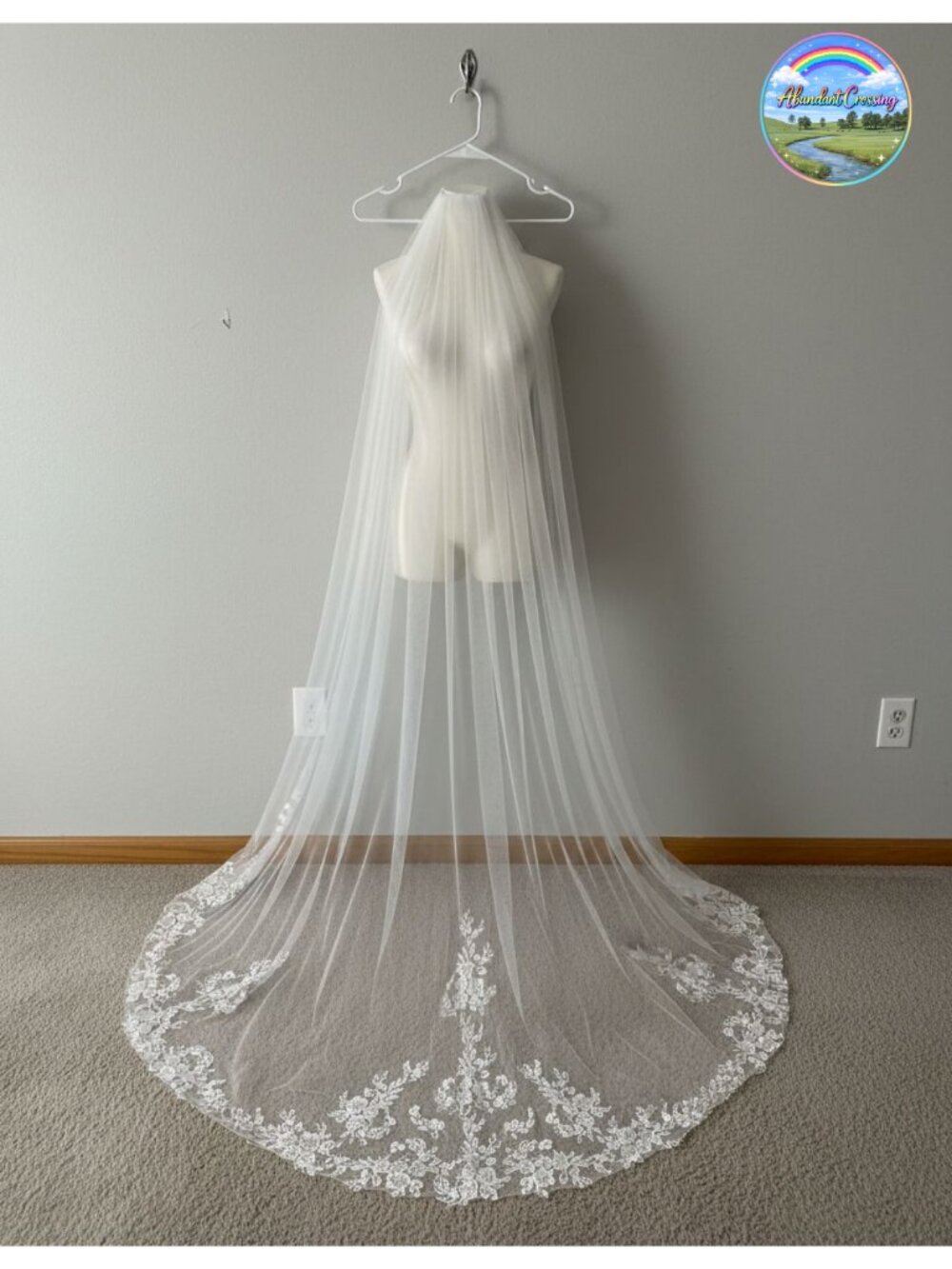 Cathedral Length Lace Sequin Tulle Bridal Veil with Metal Comb